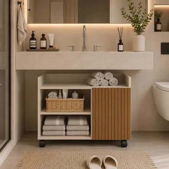 Gabinete Auxiliar para Banheiro e Lavabo com Nichos Decorativos e Porta de Armazenamento
