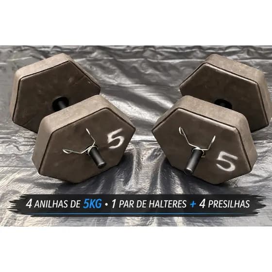Kit Musculação 20kg Completo – 4 Anilhas 5kg + Par de Halteres + 4 Presilhas | Academia em Casa
