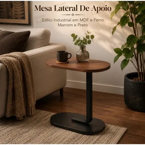 Mesa Lateral De Apoio Estilo Industrial em MDF e Ferro Marrom e Preto