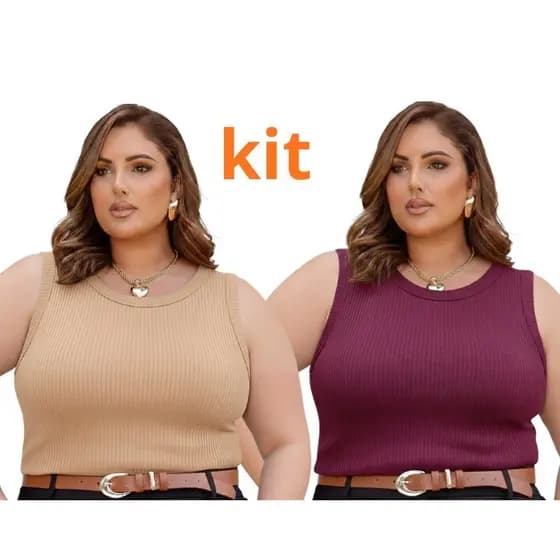 Kit 2 Regatas Femininas Plus Size Caneladas com Elastano Não Transparente