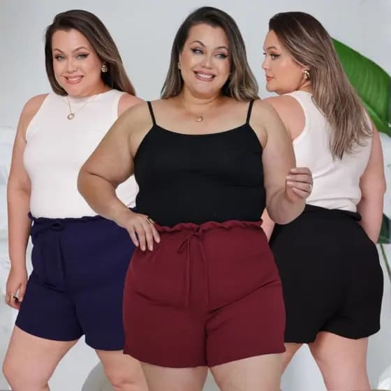 Kit 3 Shorts Plus Size Feminino Cintura Alta Cores Sortidas Confortável