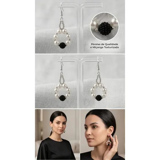 Brinco Pérolas Branco e Preto Artesanal Minimalista leve e confortável Design Exclusivo e Delicado