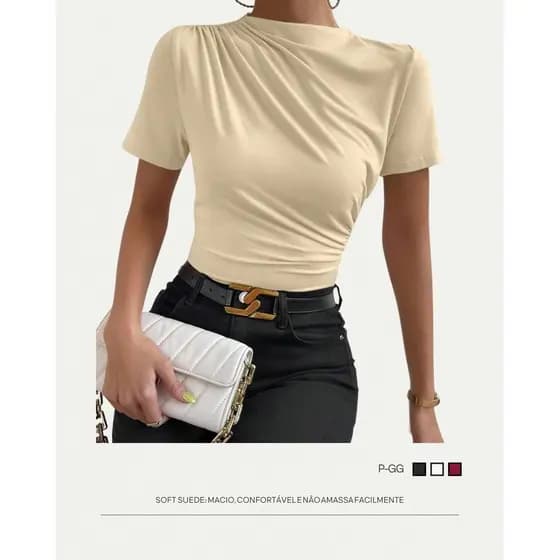 Camisa Feminina Detalhes Plissados Slim Blusa Elegante para Festa e Estilo Casual