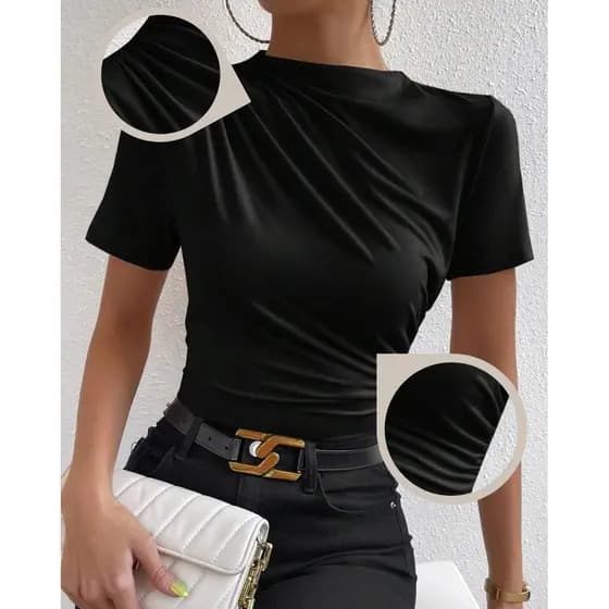 Blusa Feminina Suede Camisa Gola Alta Delicada / Estilosa Blusinha Feminina Elegante