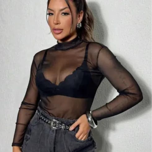 Blusa Feminina Body Feminino Tule Luxo Transparente Manga Longa Influencer Balada Festa