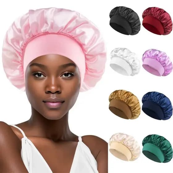 Touca/Gorro de Dormir de Cetim com Aba Faixa Larga Gigante Cabelo Anti Frizz Toca Head