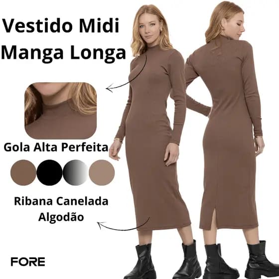 Vestido Midi Manga Longa Canelado 080398-A