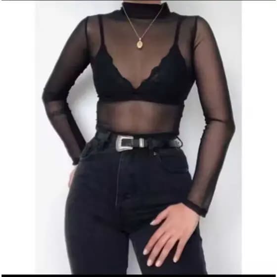 Body Tule Feminino Transparente Manga Longa