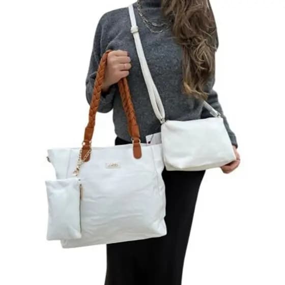 Kit 3 Peças Bolsa Feminina Branco com Alça Caramelo
