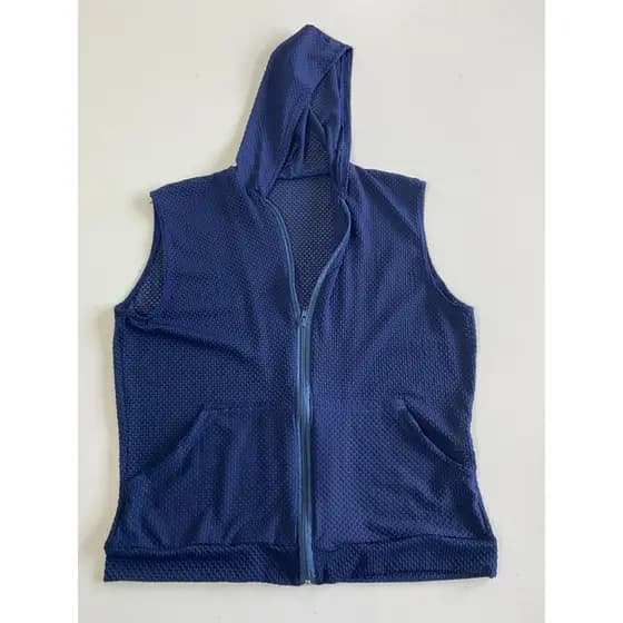 Colete Fitness Feminino Telinha sem Manga Fresco Com Capuz Zíper Frontal Azul e Preto Tamanhos M e G