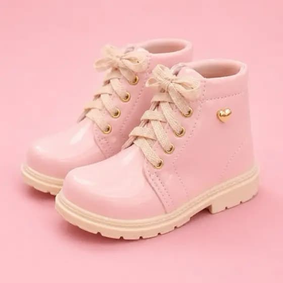 Bota Infantil Menina Coturno Rosa Coração Botinha Feminina Confortável Para Todas as Ocasiões