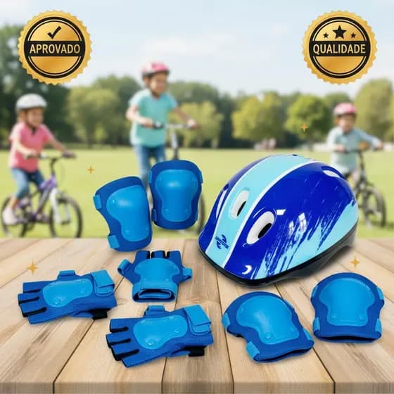 Kit Proteção e capacete Infantil Completo 7 peças – Preta