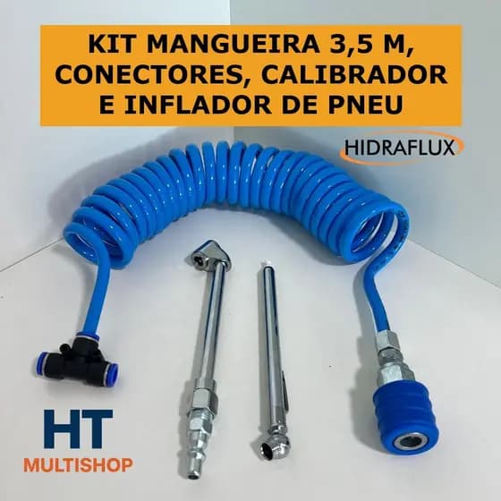Kit Mangueira Espiral 3,5 m HIDRAFLUX com Conectores, Calibrador e Inflador de Pneus
