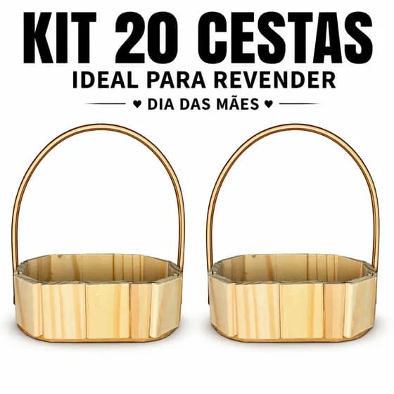 Kit 20 Cestas de Madeira com Alça para Revenda Presente Dia das Mães Lembrancinhas