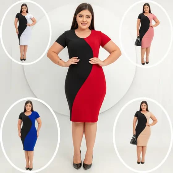 Vestido feminino midi - evangelico - social - manga curta combinado duas cores