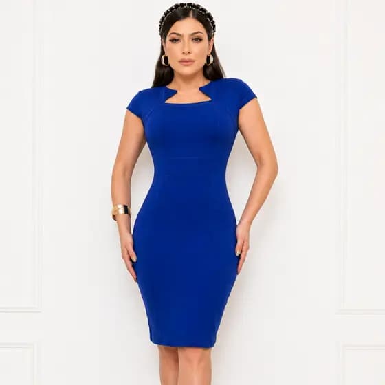 Vestido Tubinho midi Gola Inverse V moda evangelica feminina- Tendencia Casual Chic