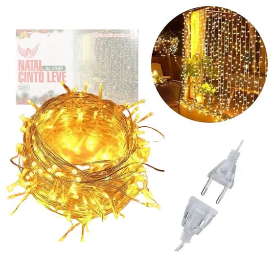 Pisca Cortina Cascata Amarelo LED 3x2 Metros 160 LEDs 220V Conexão Macho/Fêmea Altomex AL-5989.