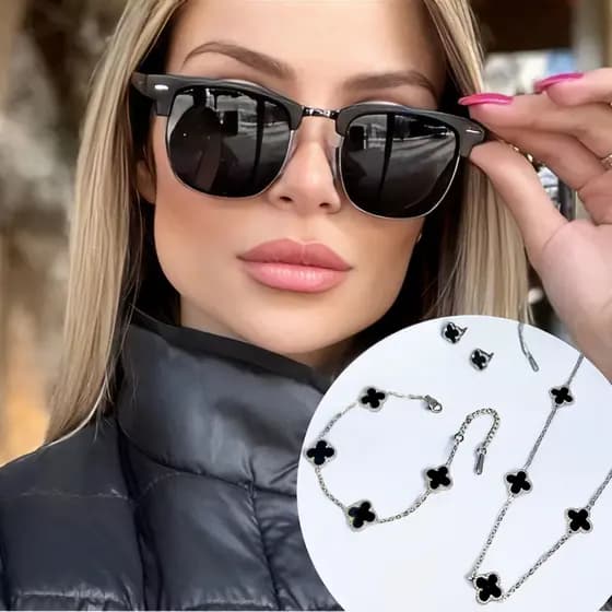 Kit Trevo Colar Brinco Pulseira e Óculos Inspire Club Miami Vintage Feminino Aço Inoxidável