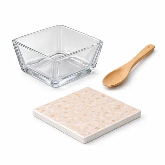 Petisqueira 3 Peças com Colher Vidro Mármore com Suporte para Mesa Posta