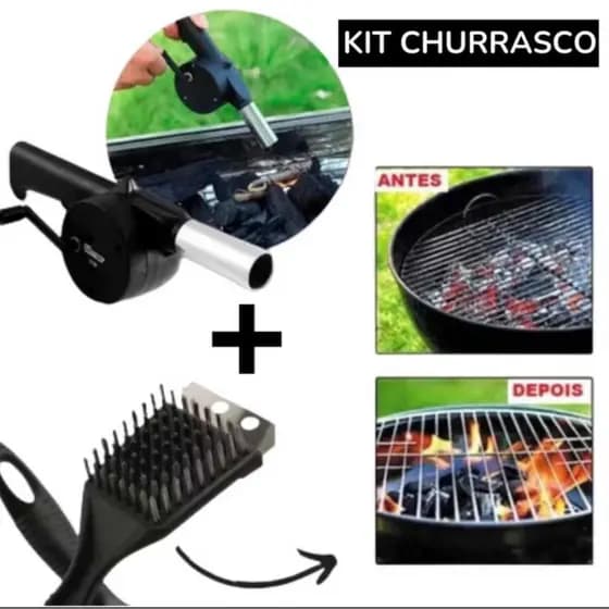 Kit Churrasqueira Acendedor De Com Manivela Ventilador Carvão + Escova Limpeza Grelha