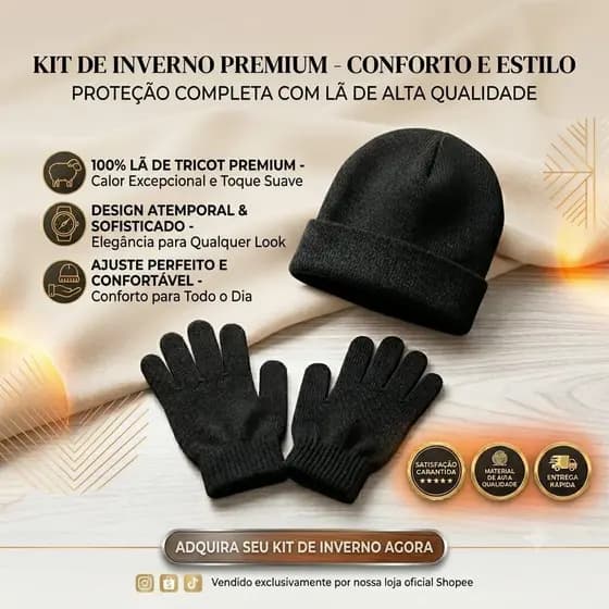 KIT INVERNO PREMIUM TOUCA GORRO + PAR DE LUVAS TÉRMICAS