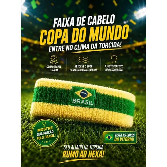 Faixa de Cabelo Brasil Copa do Mundo Torcida Hexa Head band Verde e Amarelo