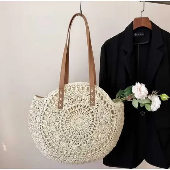 Bolsa de palha sintética semicírculo grande feminina praia de ombro