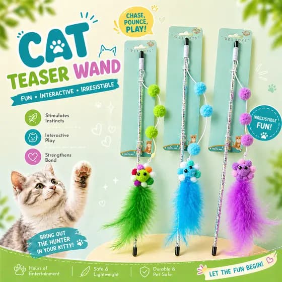 Varinha Brinquedo para Gatos Pet com Flor Pompom Penas e Guizo Bastão Interativo para Entreter e Atiçar Gato Anti Stress