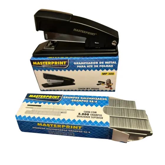 KIT GRAMPEADOR DE METAL MP300 ATÉ 20FLS + CAIXA DE GRAMPO GALVANIZADO 26/6 C/5.000UND - MASTERPRINT