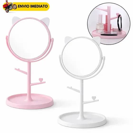 Espelho Mesa Penteadeira Maquiagem com Suporte Porta Joias Bijuteria Gatinha Mini Giratório 360°