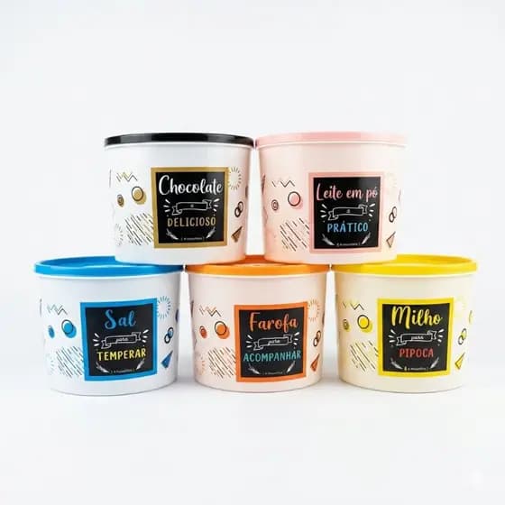 Kit 5 Potes coloridos para Chocolate/milho/farofa/sal/leite em pó Tampa hermética 1 litro pequeno
