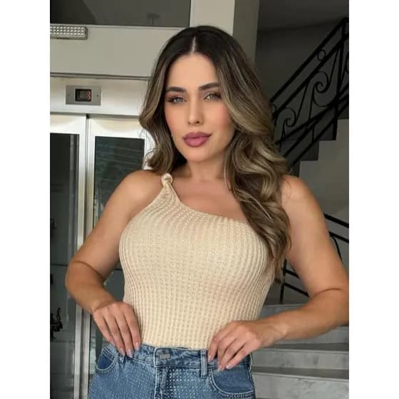Cropped Tricô Modal Nula Manga Feminina Nó Tendência Verão Ponto Crochê Mula Manca Tricot
