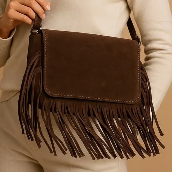 Bolsa de Franja Feminina Média Transversal Camurça Sintética Boho Chic Western Cowgirl Country Folk