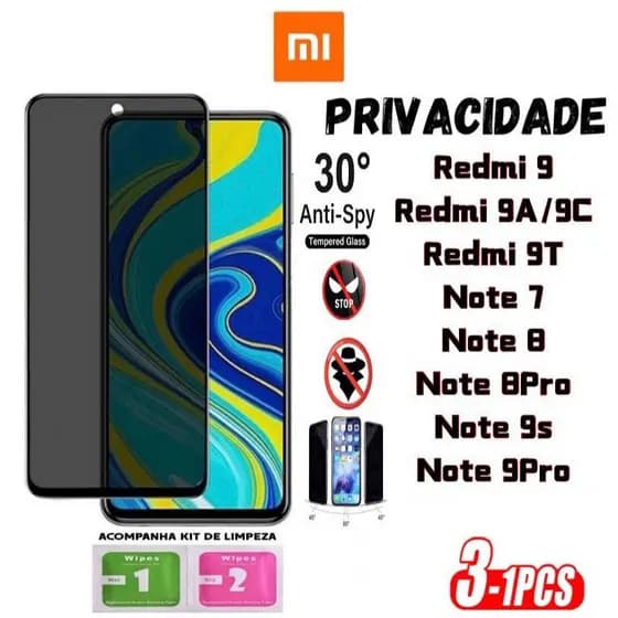 Kit 1/2/3 Película Privacidade 3D Anti Spy XIAOMI REDMI 9 9A 9C REDMI 9T NOTE7 NOTE 8 NOTE 8PRO NOTE 9 NOTE 9S NOTE 9PRO