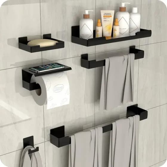 Kit Acessórios Para Banheiro Com Adesivo 6 Peças Preto ELG