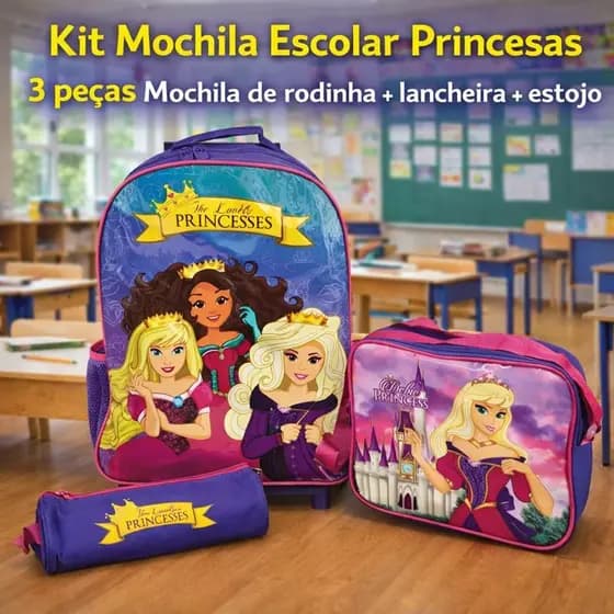 Kit Mochila Princesas Escolar 3 Peças Roxa Infantil Mochila de Rodinha + Lancheira + Estojo – Volta as Aulas Estudar