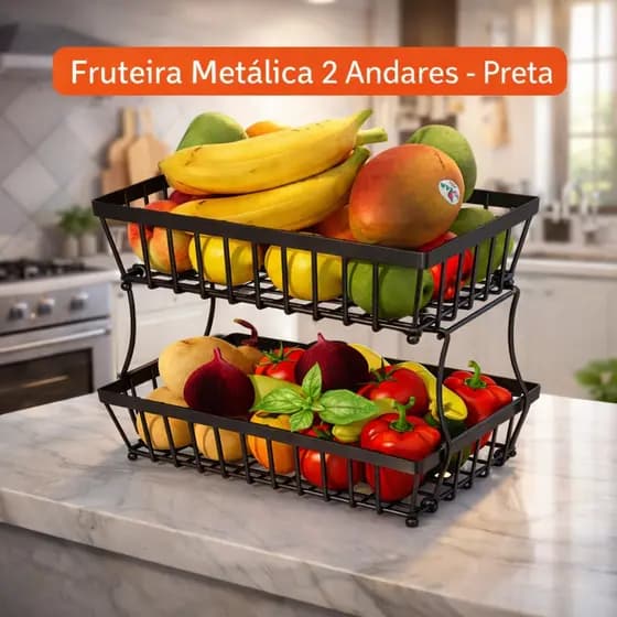 Fruteira Dupla Metal Preto Organizador Frutas Bancada Cozinha Cesta Aramada Resistente Durável Compacta Moderna Elegante