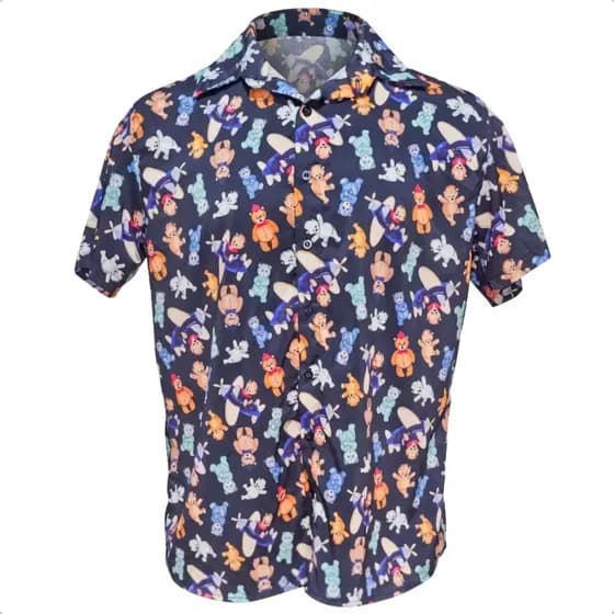Camisa Masculina Estampada Manga Curta Casual Botão Verão Ursinho