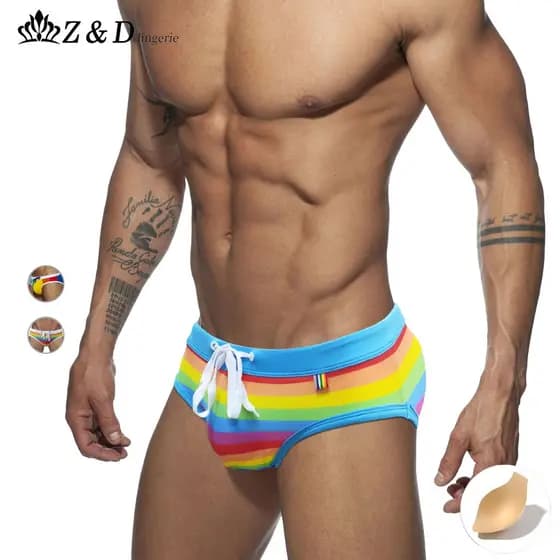 Z&D Ligeries Sungas Masculinas Cavadas Estampa Rainbow Collants Respirável Com Bojo 25167