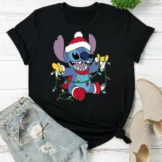 Camisa Camiseta Feliz Natal Stich T-shirt Gola Redonda Manga Curta