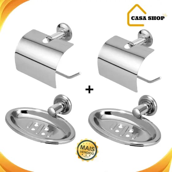 Kit acessorios 2 saboneteira e 2 porta papel higiênico, papeleira aço inox