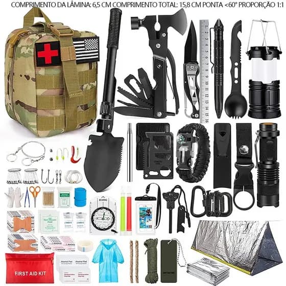 Kit Sobrevivência e Primeiros Socorros 42 Peças com Bolsa Molle para Acampamento