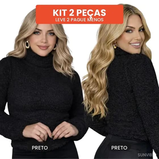 Blusa Cacharrel Feminina Gola Alta Tricô Frio Suéter Inverno Manga Longa Preta