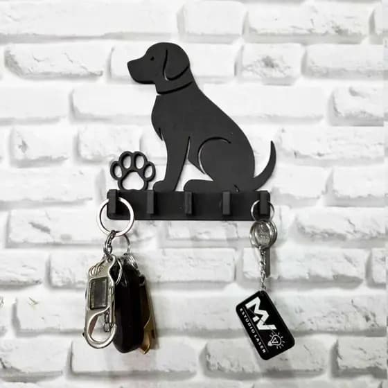 Porta Chaves Para Parede Cachorro e Patinha Vazado 6 Ganchos MDF Para Decoração
