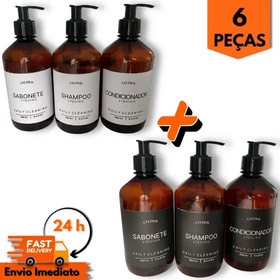 Kit 6 Dispensers Âmbar 500ml com Válvula Pump – Sabonete, Shampoo, Condicionador | Dispenser para Banheiro | Minimalista