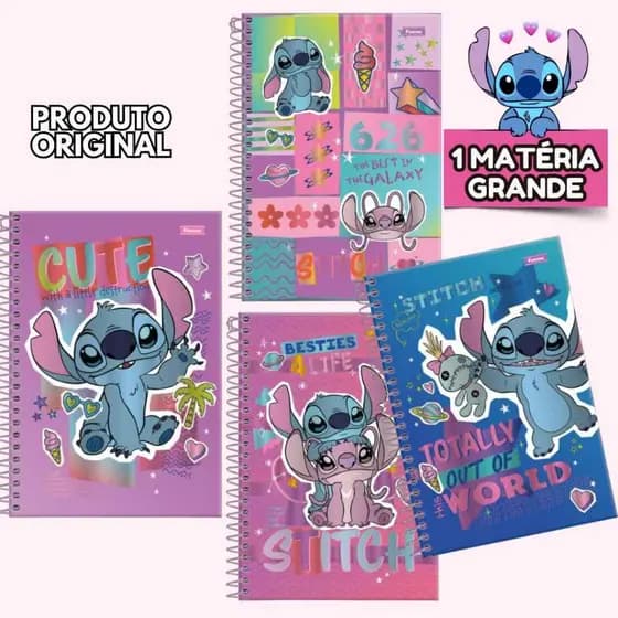 Caderno STITCH Disney A4 GRANDE 1 Matéria Capa Dura Brilhante 80fls Espiral Original - Foroni