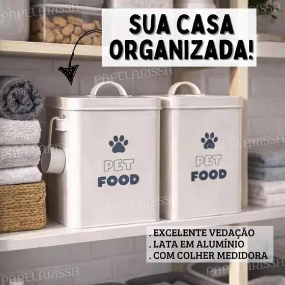 Kit c/2 Porta Ração 3kg em Alumínio Tampa c/ bom fechamento com Colher Lata Organizadora Pet Food