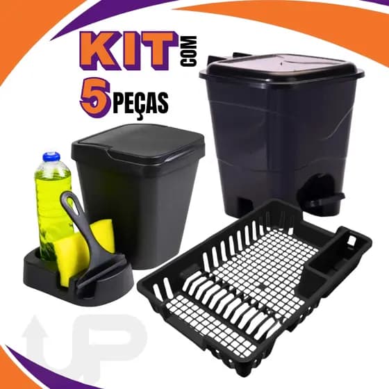Kit Cozinha Lixeira Pia/Porta Detergente/Rodo/Escorredor Louça/Lixeira 13 Litros Area Gourmet