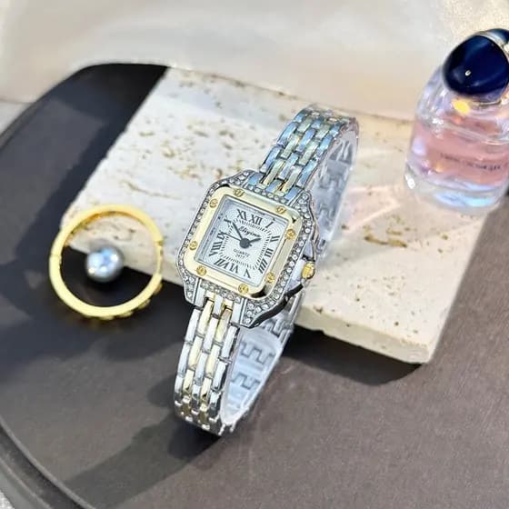 Relógio Feminino Clássico Com Pulseira De Quartzo Quadrado Cravejado De Diamantes , Versátil , Simples E Requintado