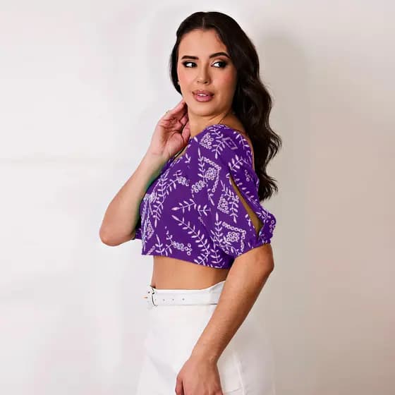 Cropped Estampado Manga Bufante com Bojo Fixo elástico nas costas S8159